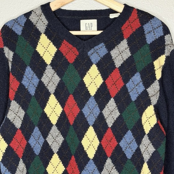 VTG 90s GAP Argyle Wool Sweater Navy V Neck Preppy Ivy Dad Core Mens M Academia - Picture 3 of 7